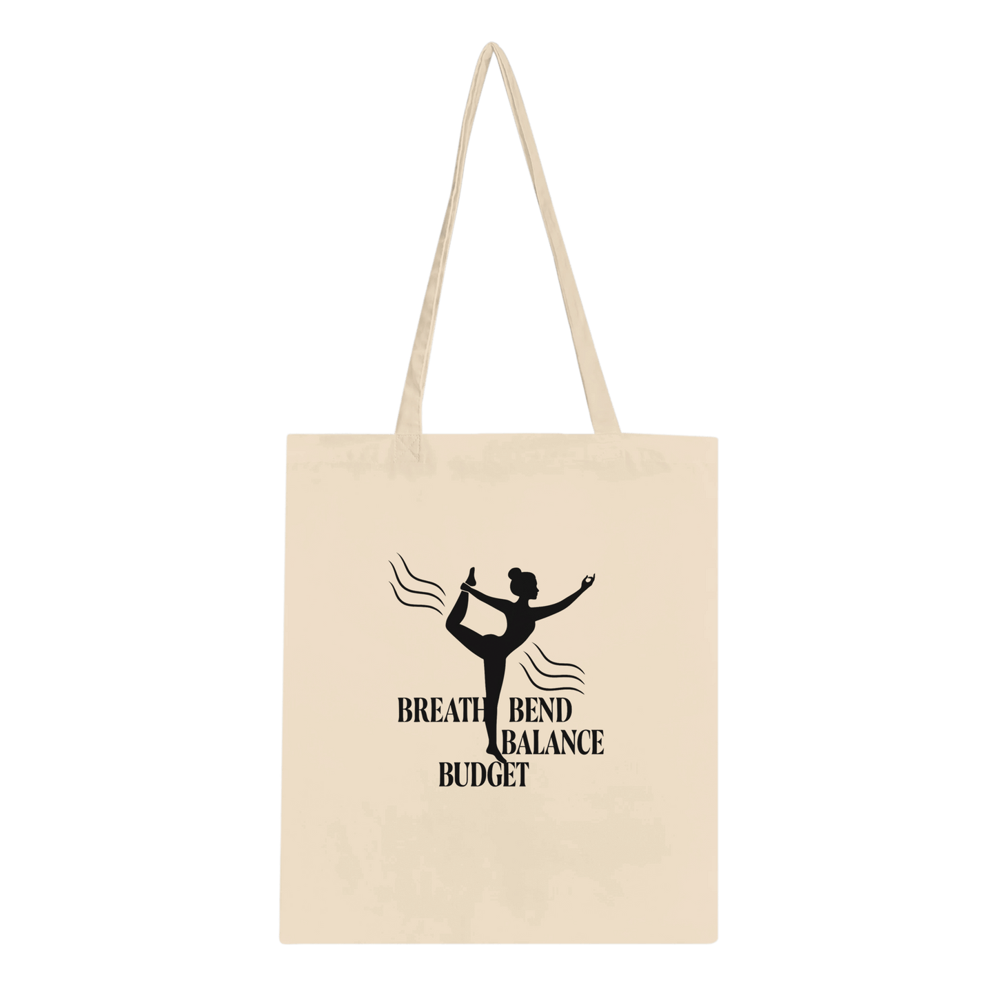Beige tote bag with black dancer silhouette and text .