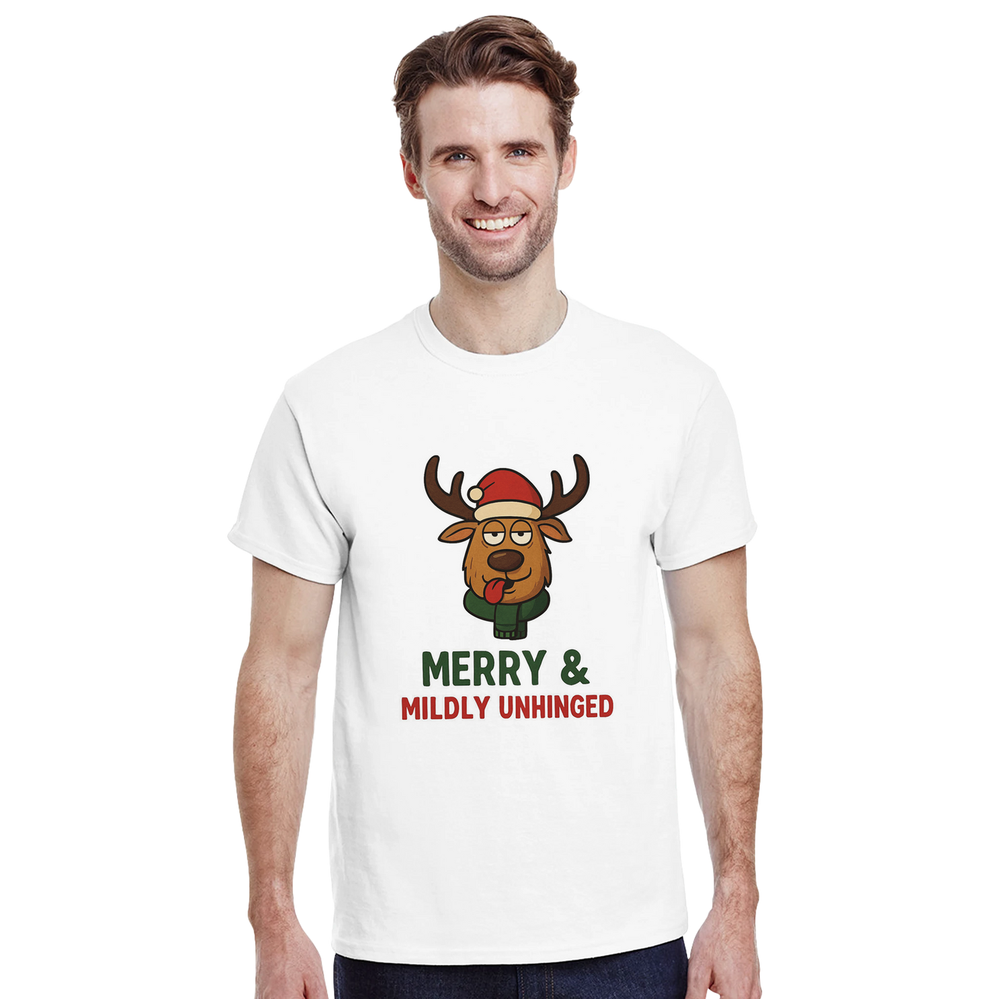 Man wearing a white t-shirt with a reindeer graphic and text