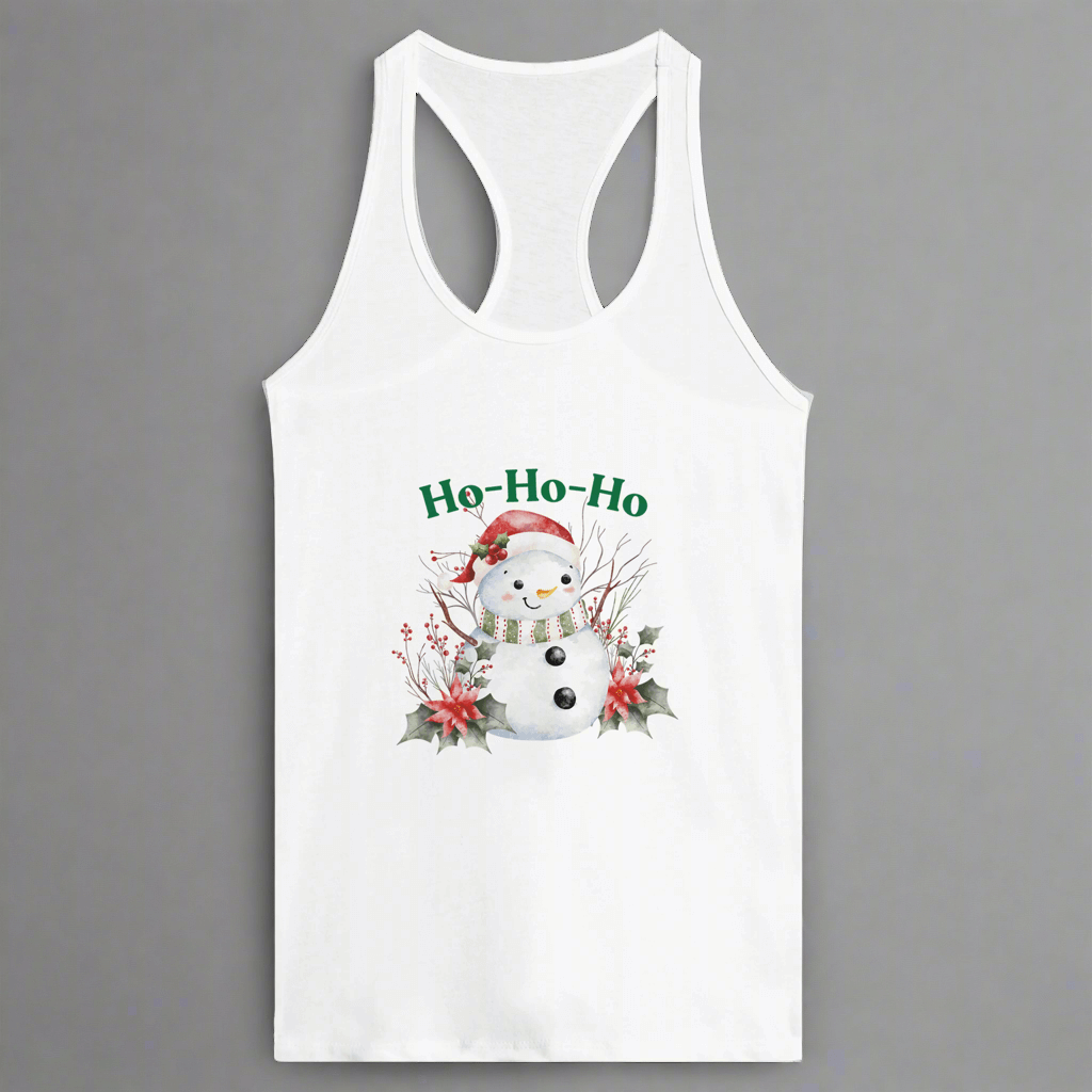 White tank top with a snowman design and 'Ho-Ho-Ho' text