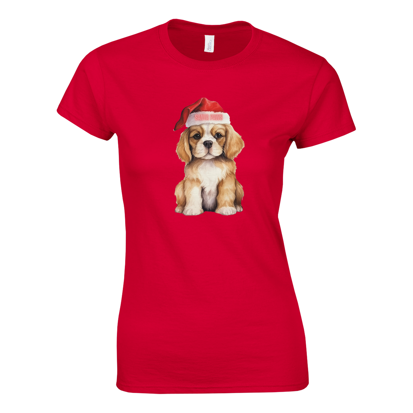 Red t-shirt with a dog wearing a Santa hat