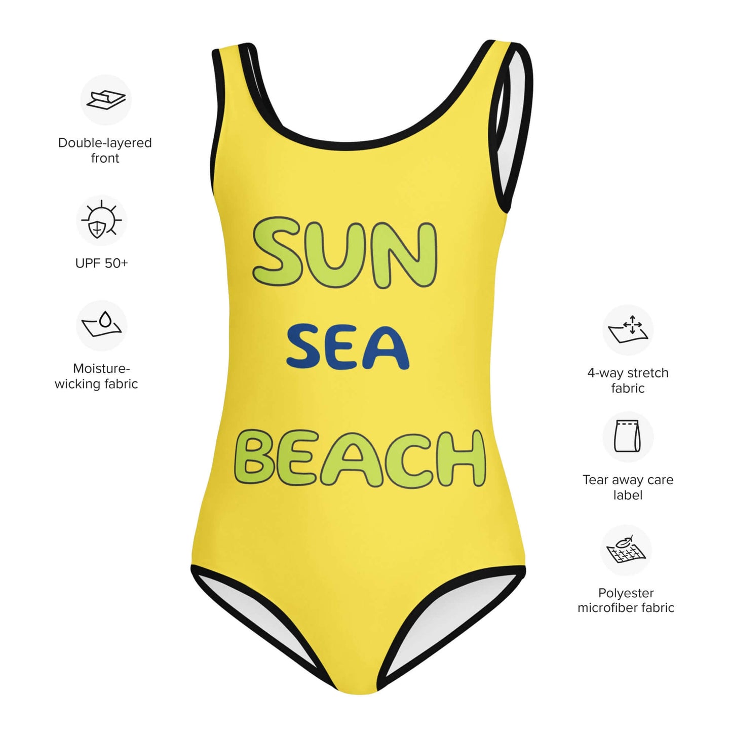 Yellow swimsuit with 'SUN SEA BEACH' text
