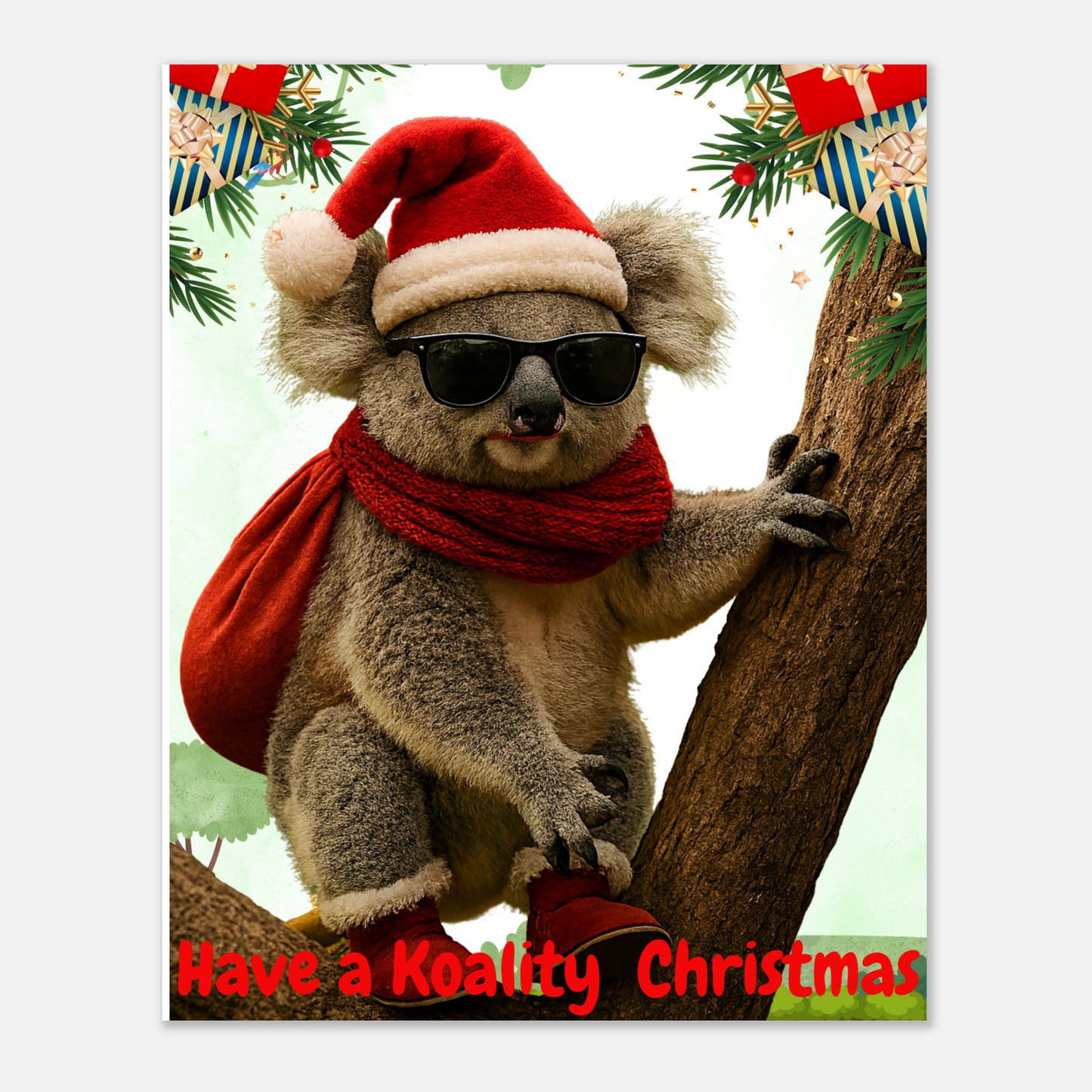 Koala in a Santa hat and scarf with Christmas decorations, text 'Have a Koality Christmas'.