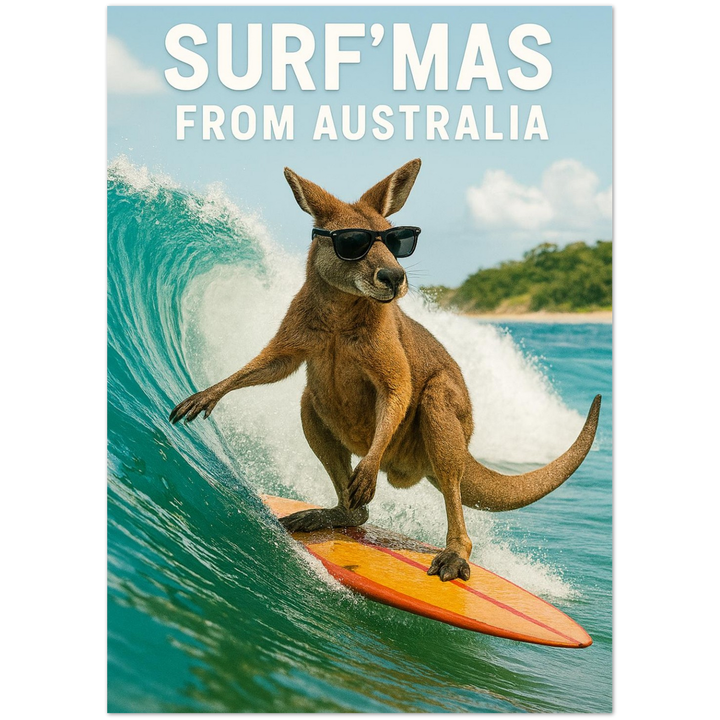 Kangaroo surfing on a wave with 'Surf'mas from Australia' text