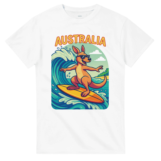White t-shirt with a kangaroo surfing design and 'Australia' text
