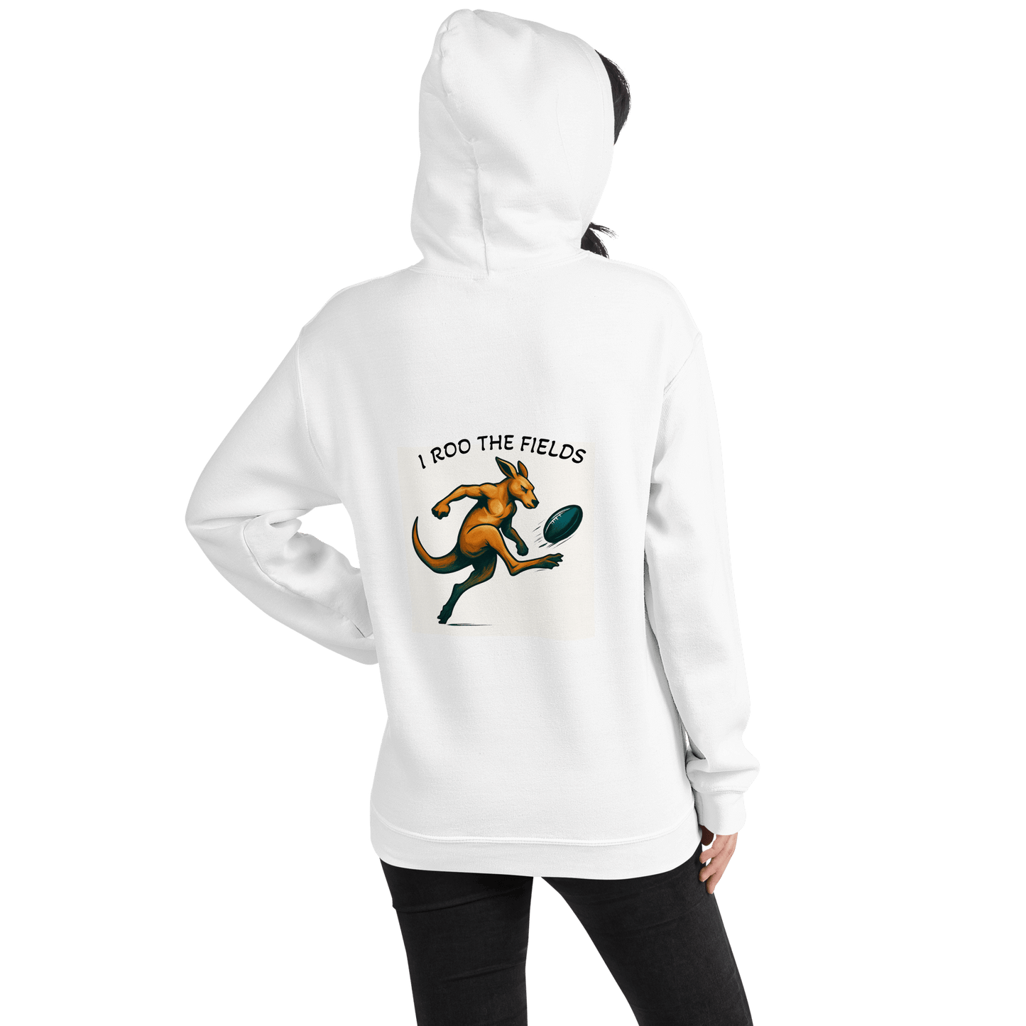 White hoodie with kangaroo graphic and text