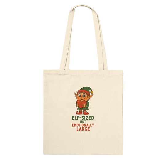Beige tote bag with an elf graphic and text 