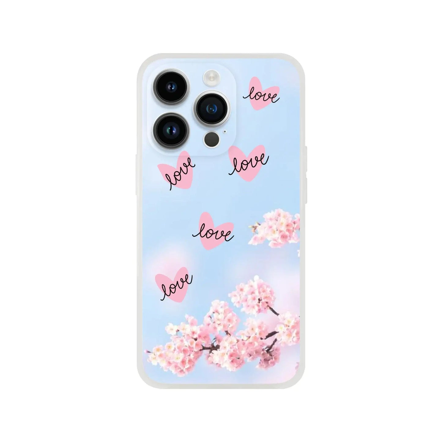 Phone case with cherry blossoms and 'love' text on a light blue background