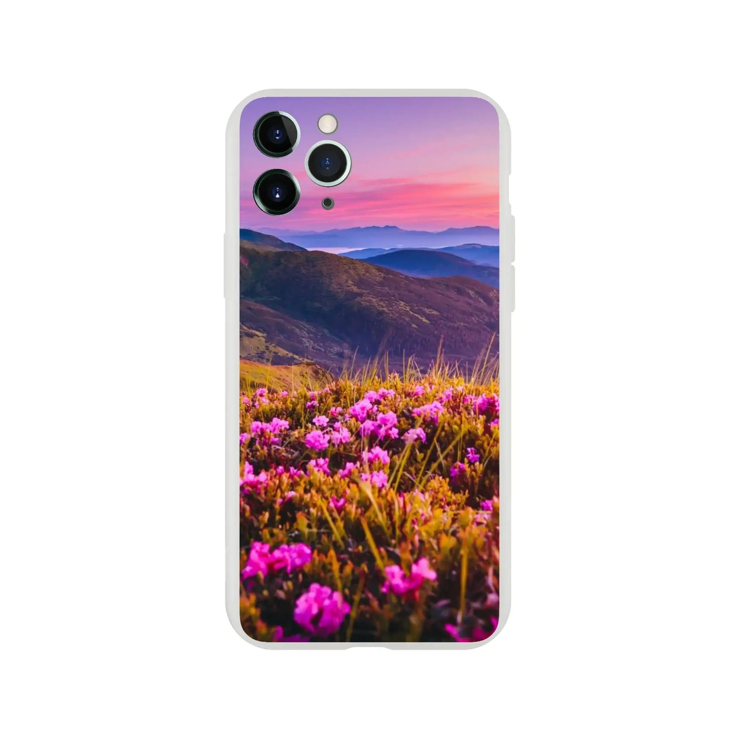 Phone case with a mountain and flower design
