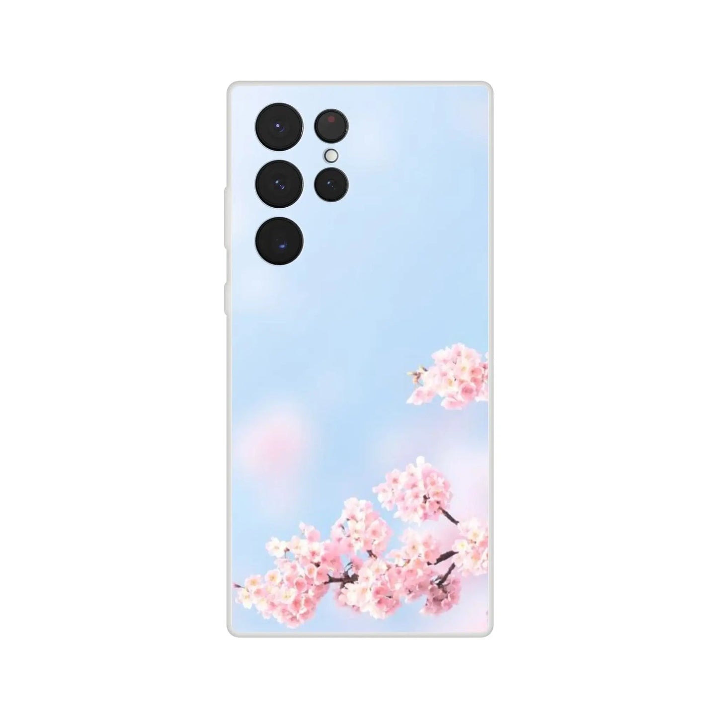 Phone case with cherry blossom design on a light blue background