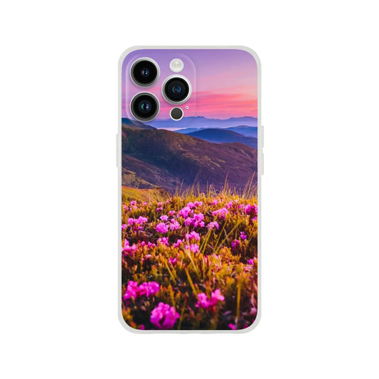 Phone case with a mountain and flower design 