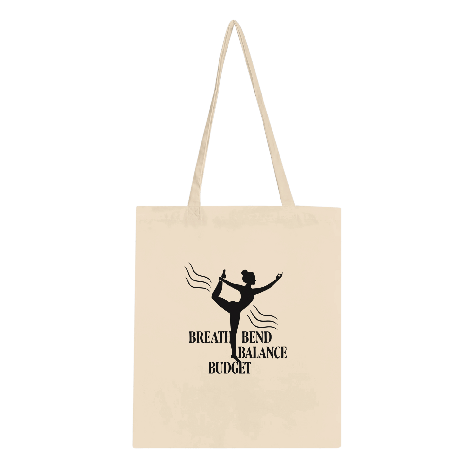Beige tote bag with black dancer silhouette and text .