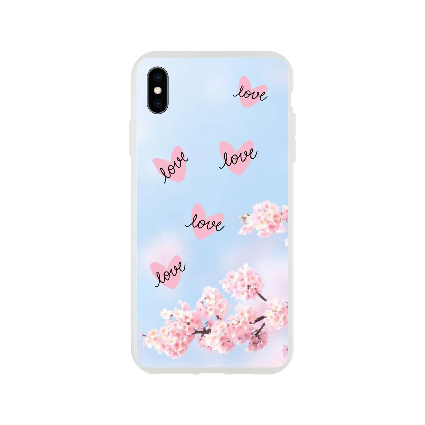 Phone case with cherry blossom design and 'love' text on a light blue background