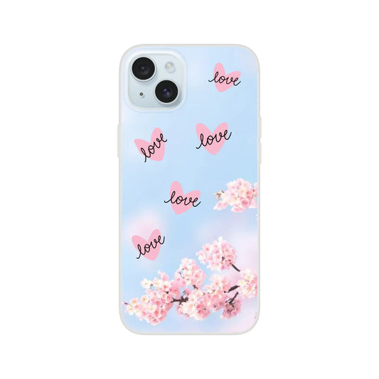 Phone case with cherry blossom and 'love' design on a light blue background