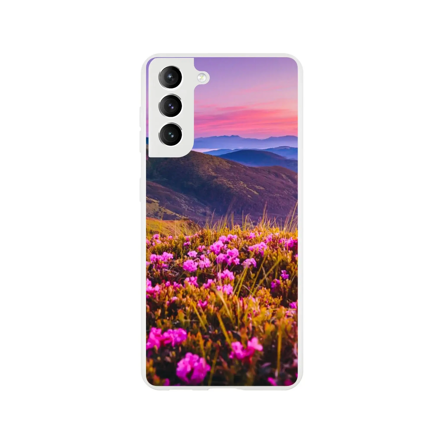 Phone case with a mountain and flower design