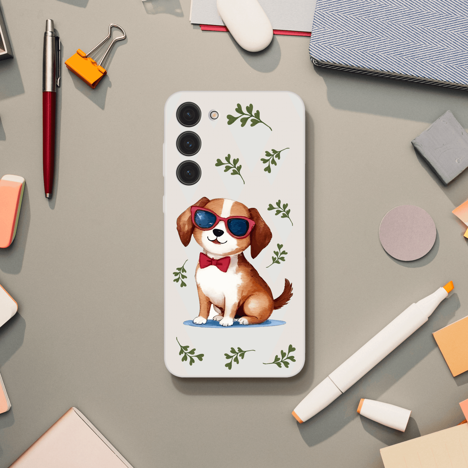Phone case with a dog illustration wearing sunglasses 