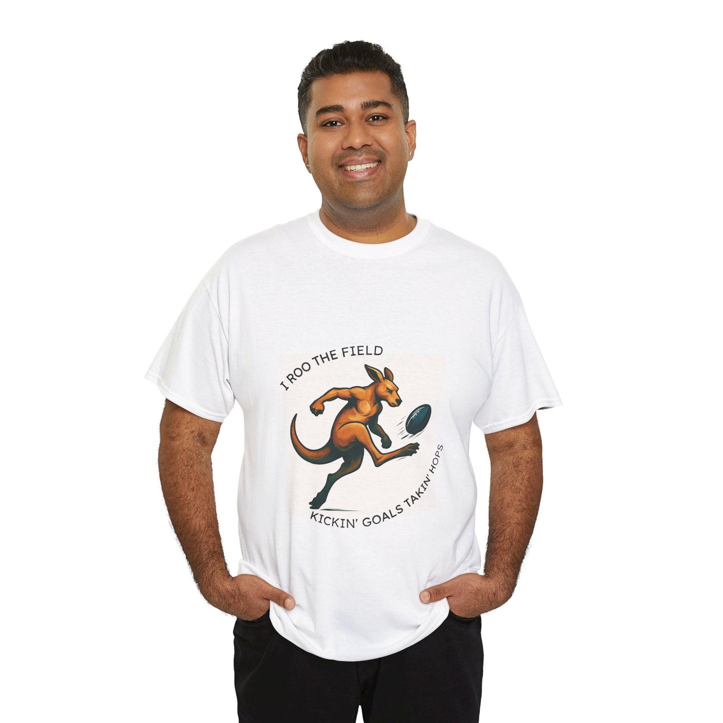  white t-shirt with a kangaroo graphic and text