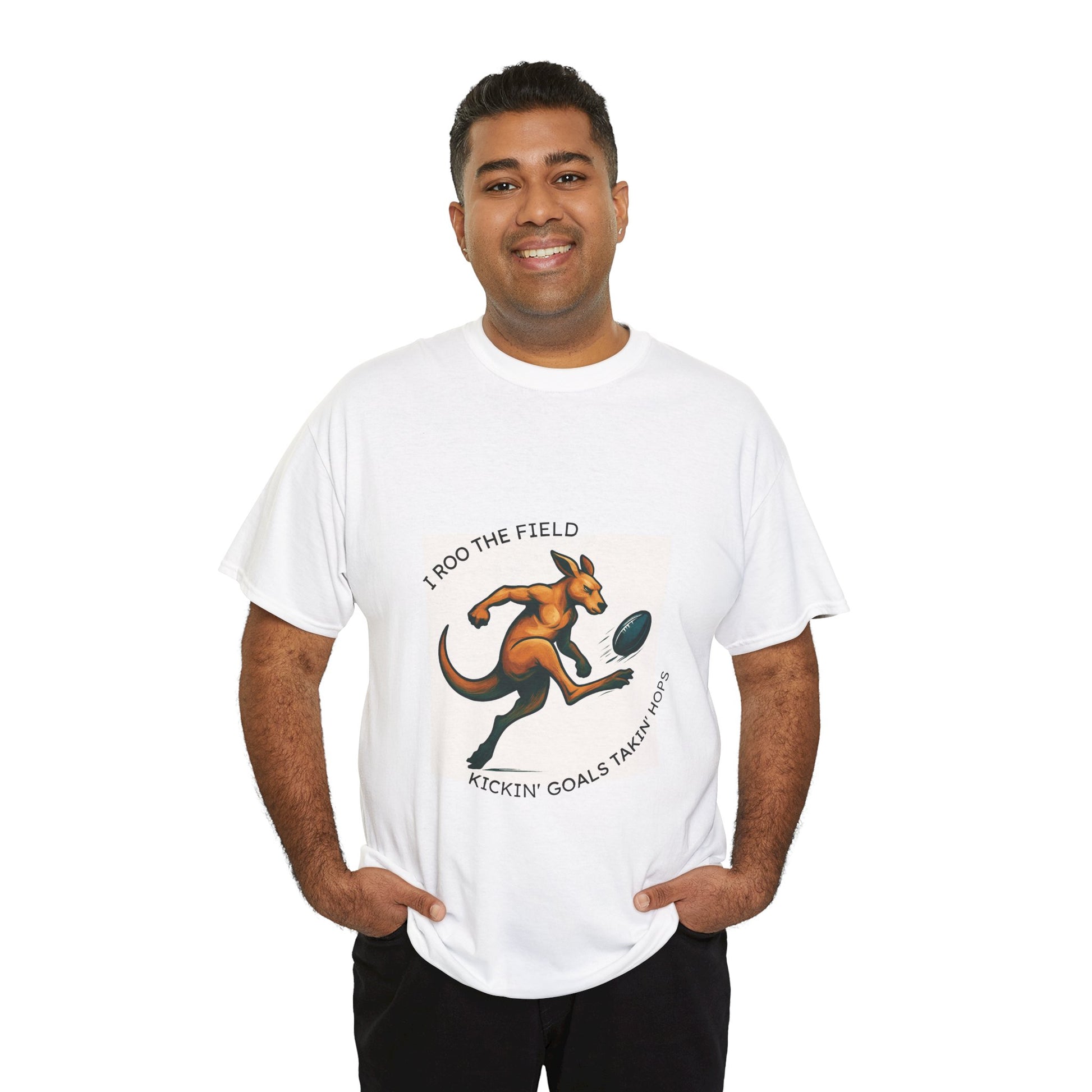  white t-shirt with a kangaroo graphic and text