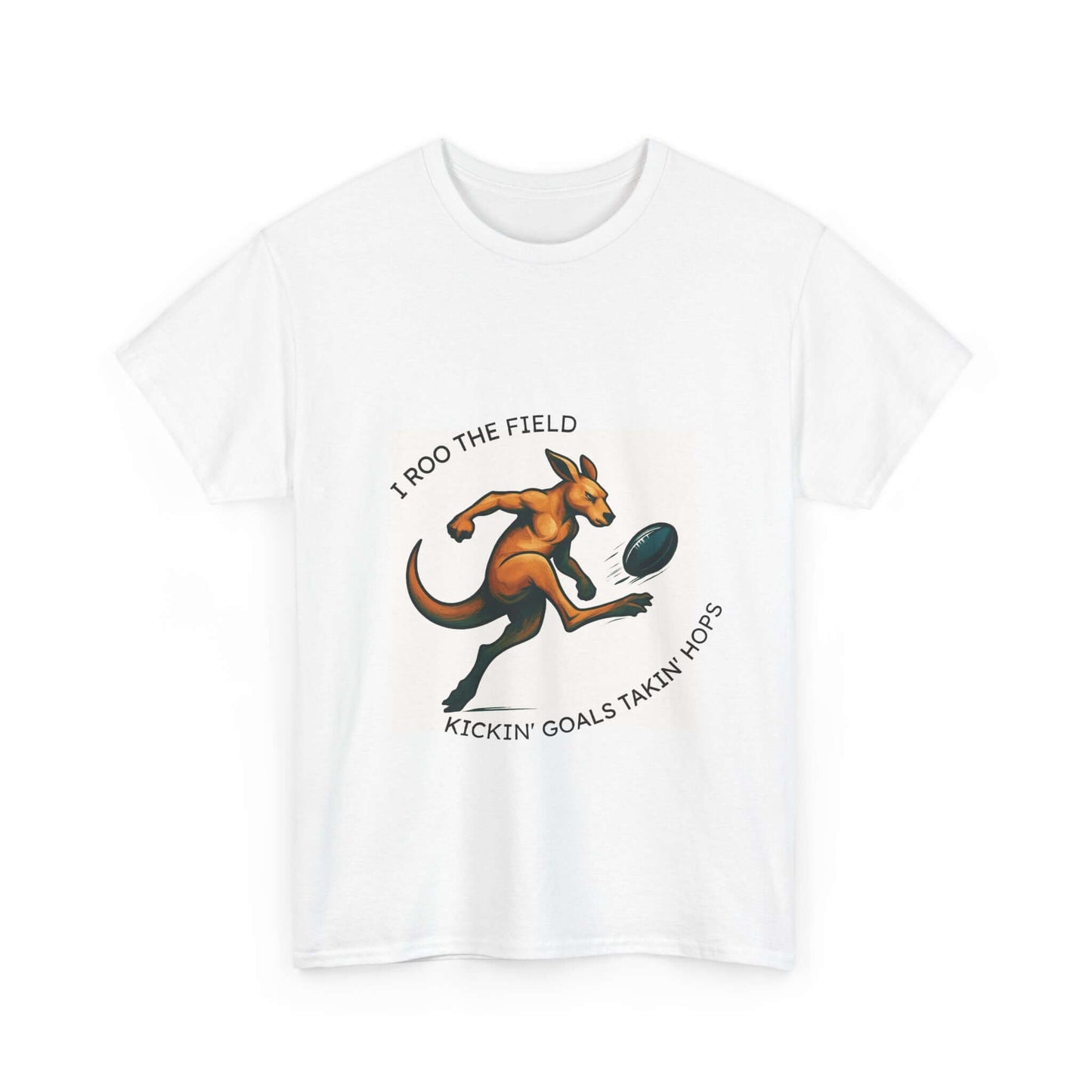 White t-shirt with kangaroo graphic and text 