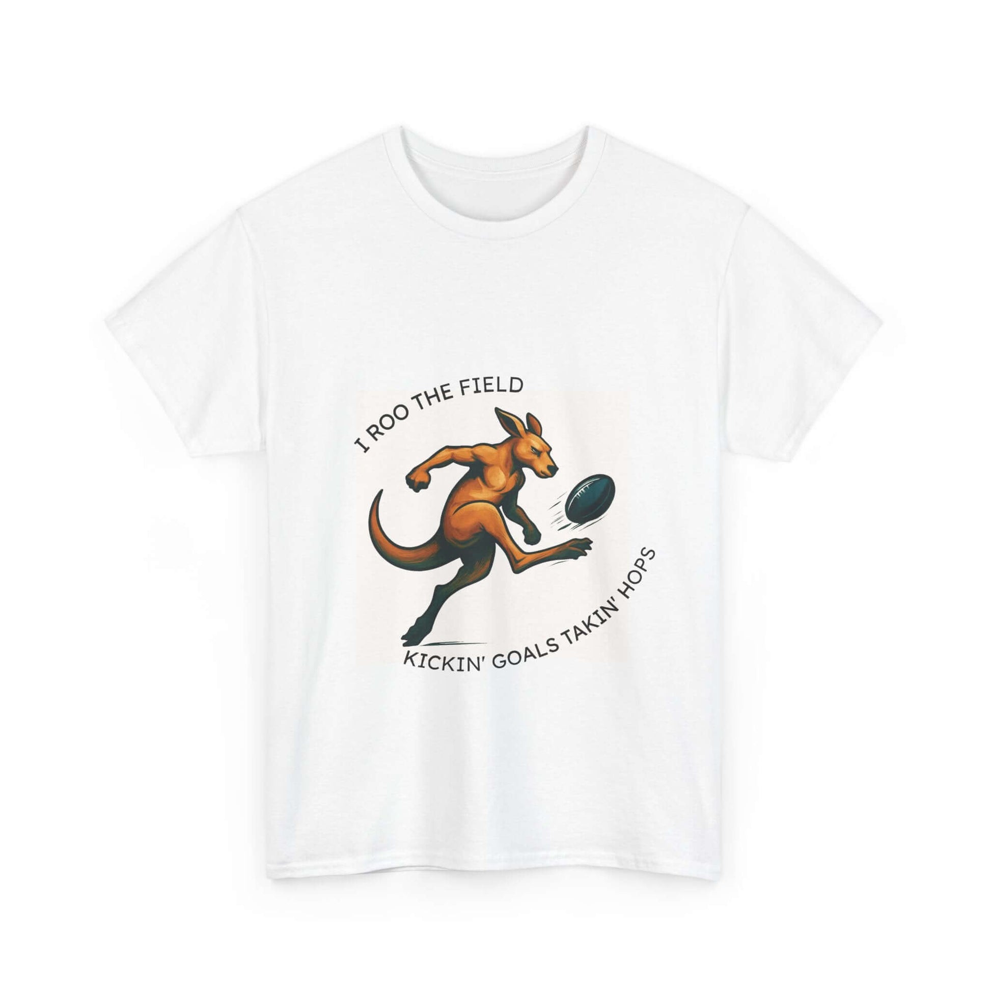 White t-shirt with kangaroo graphic and text 