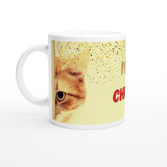 Mug with a cat's face and the word 'Meowy Christmas'