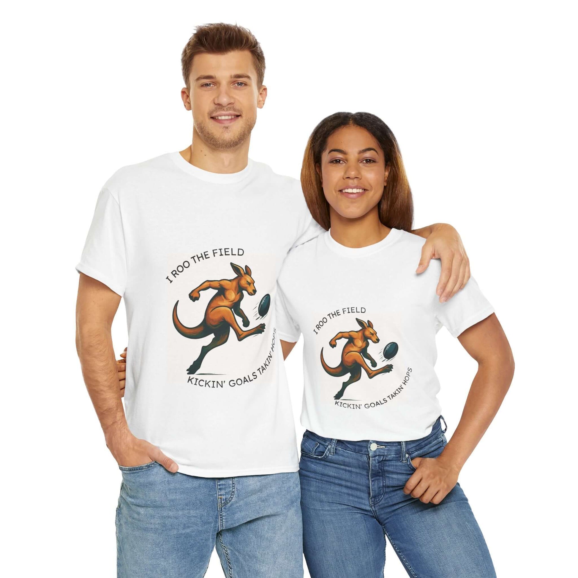 white t-shirts with a kangaroo graphic and text 