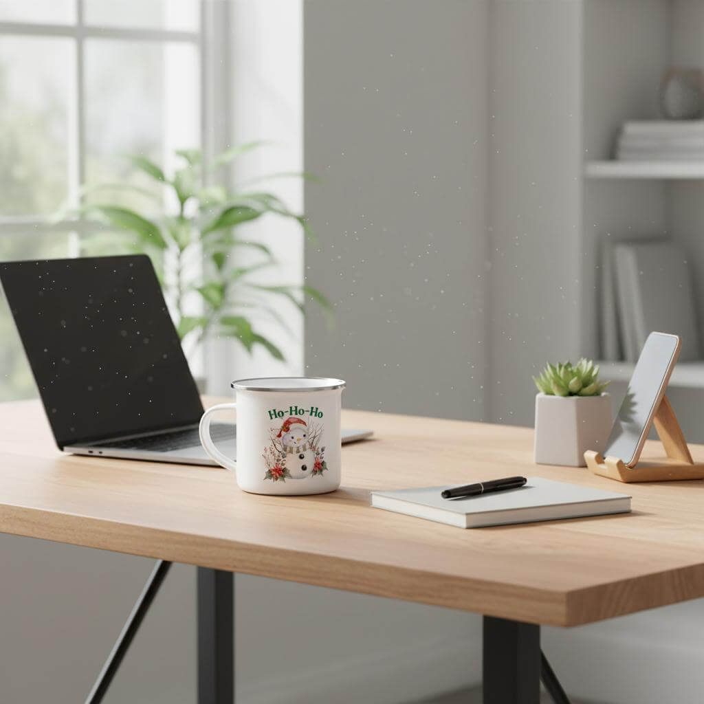 Christmas enamel mug with graphic design Ho-Ho-Ho