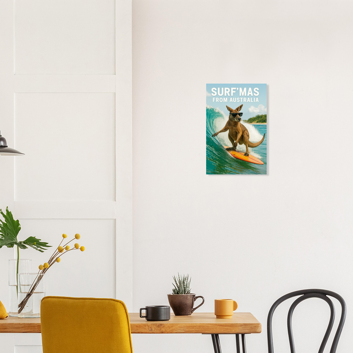 Poster of a kangaroo surfing with 'Surf'mas from Australia' text 