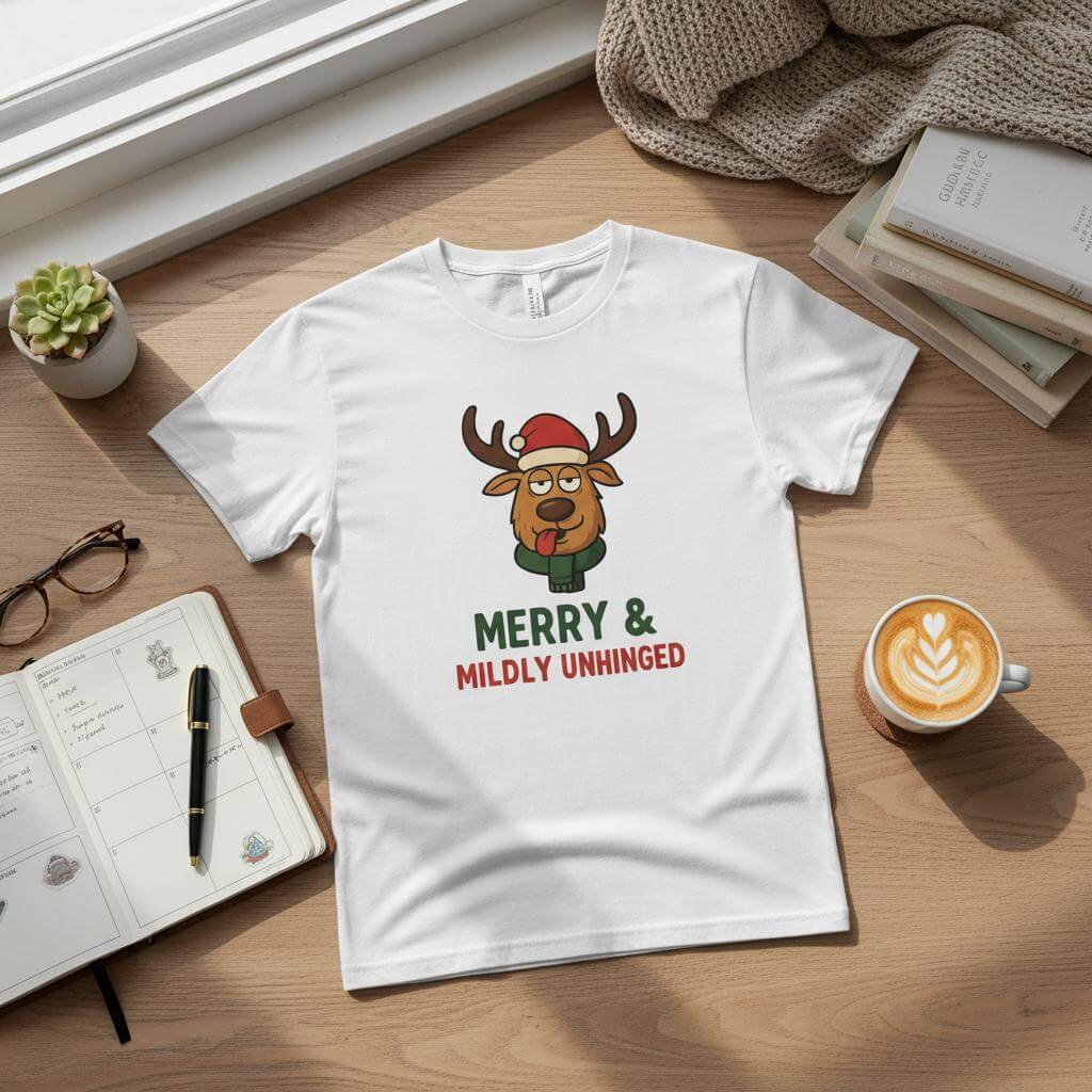 White t-shirt with a reindeer graphic and text 