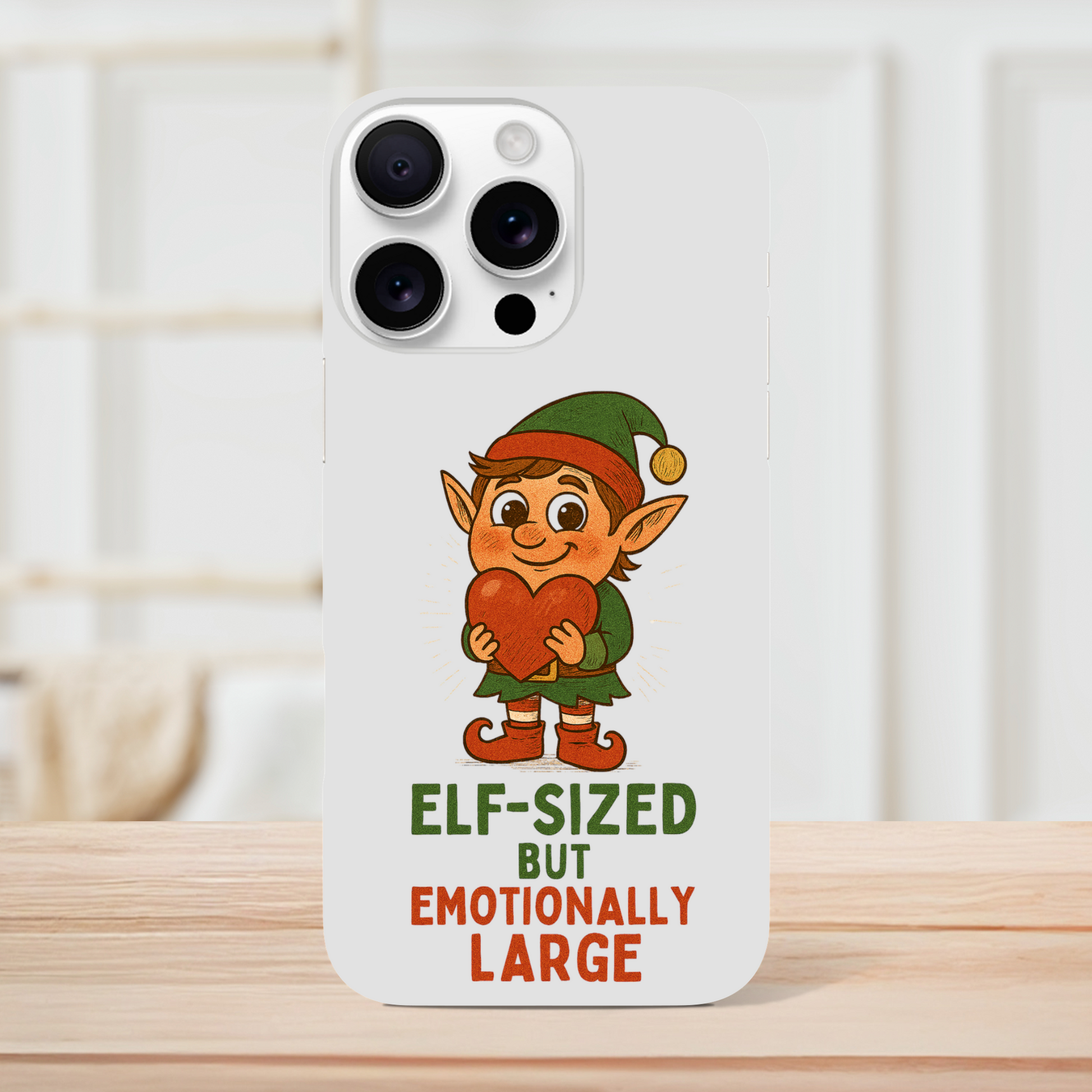 Phone case with elf design and text 
