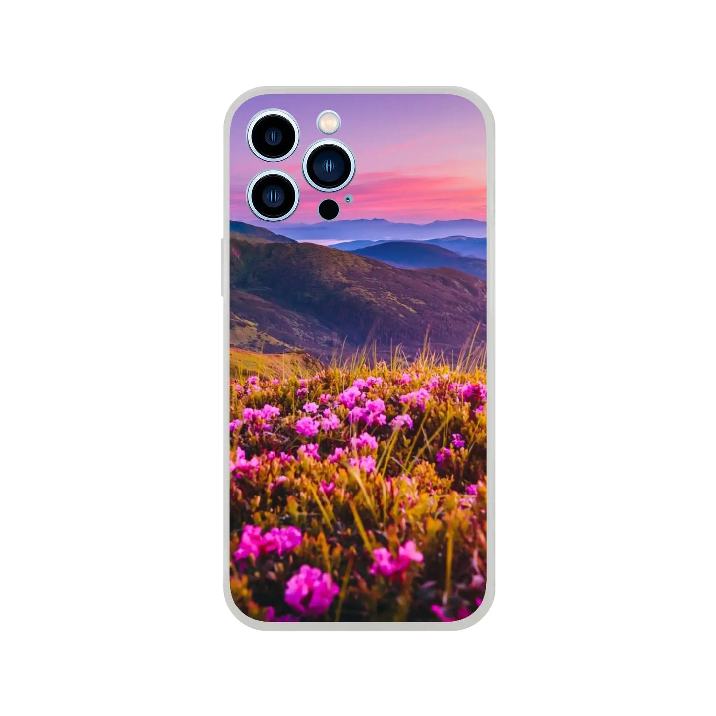 Phone case with a mountain and flower design