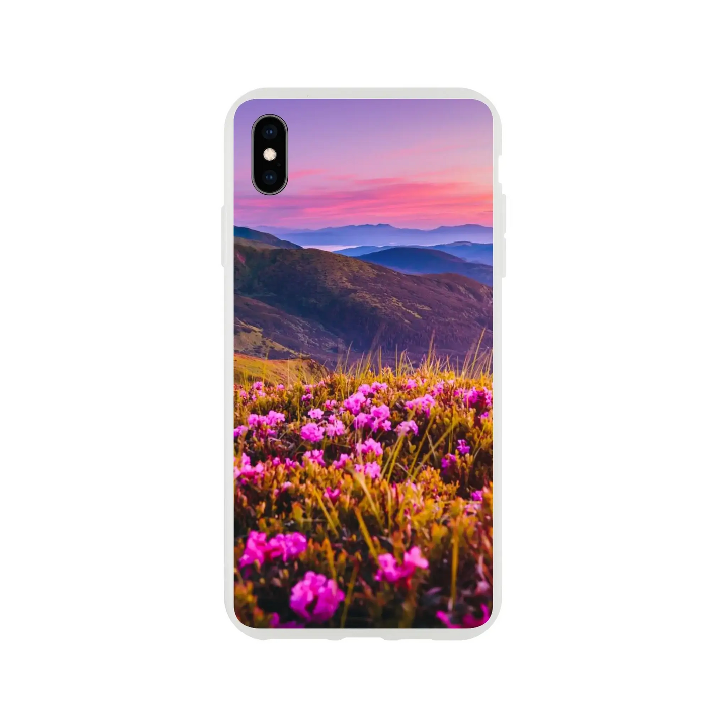 Phone case with a mountain landscape and pink flowers design