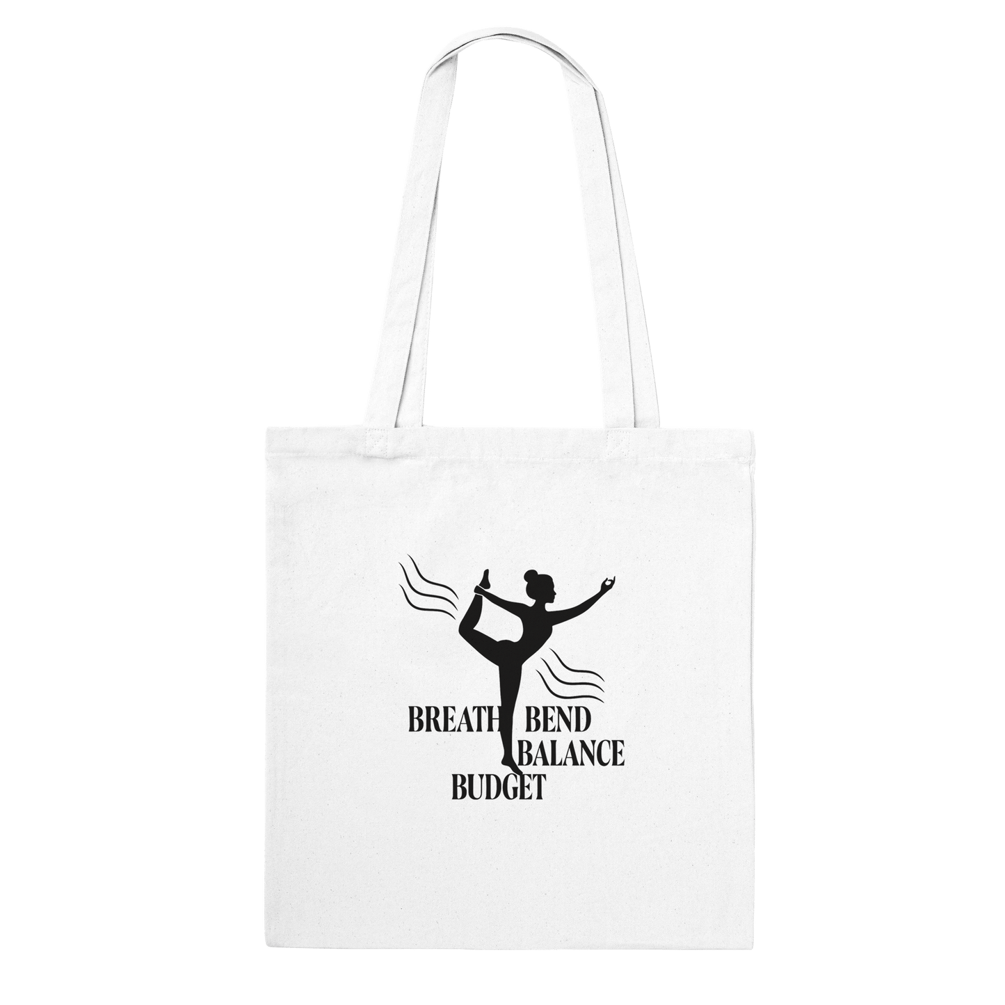 White tote bag with a black silhouette of a dancer and text.