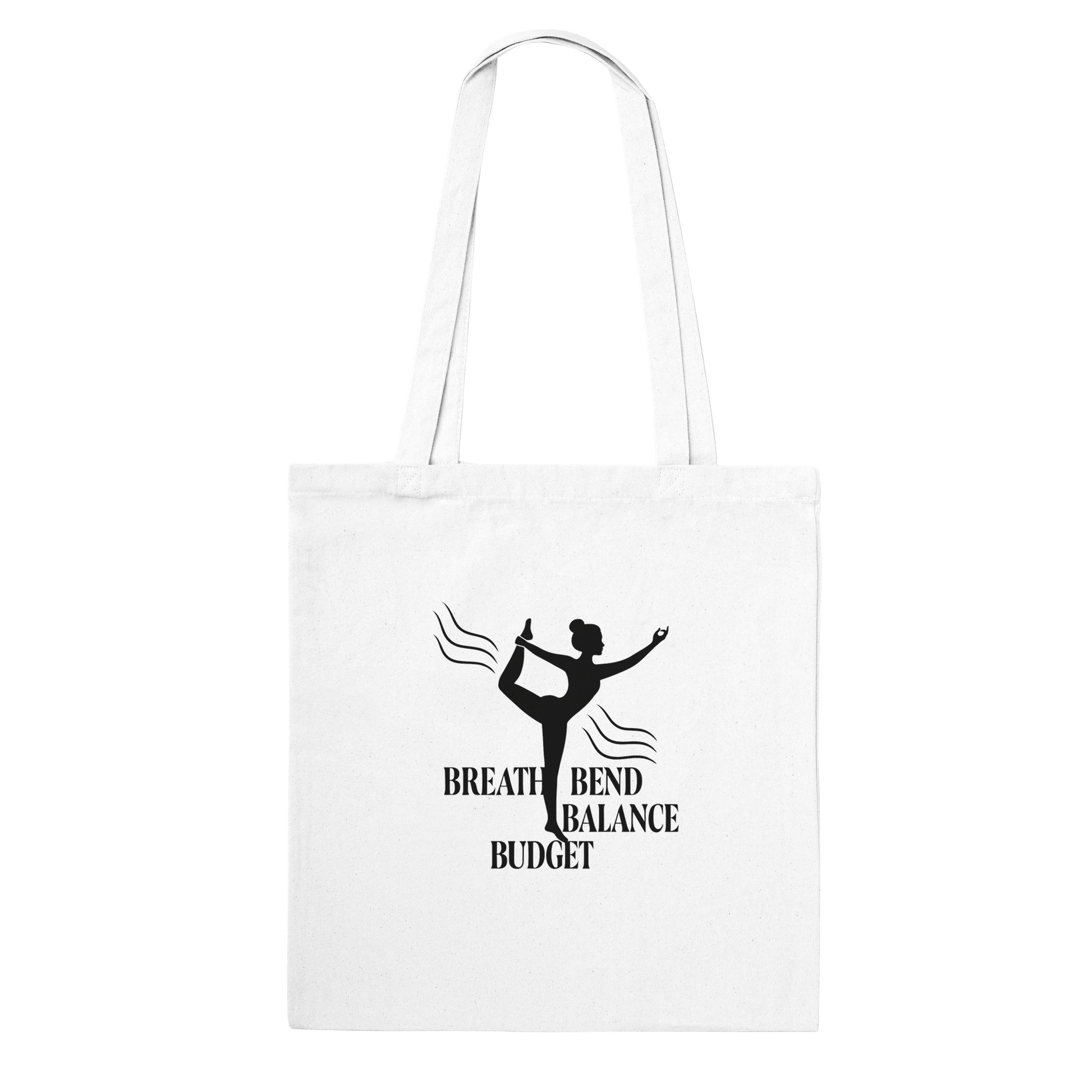 White tote bag with a black silhouette of a dancer and text.