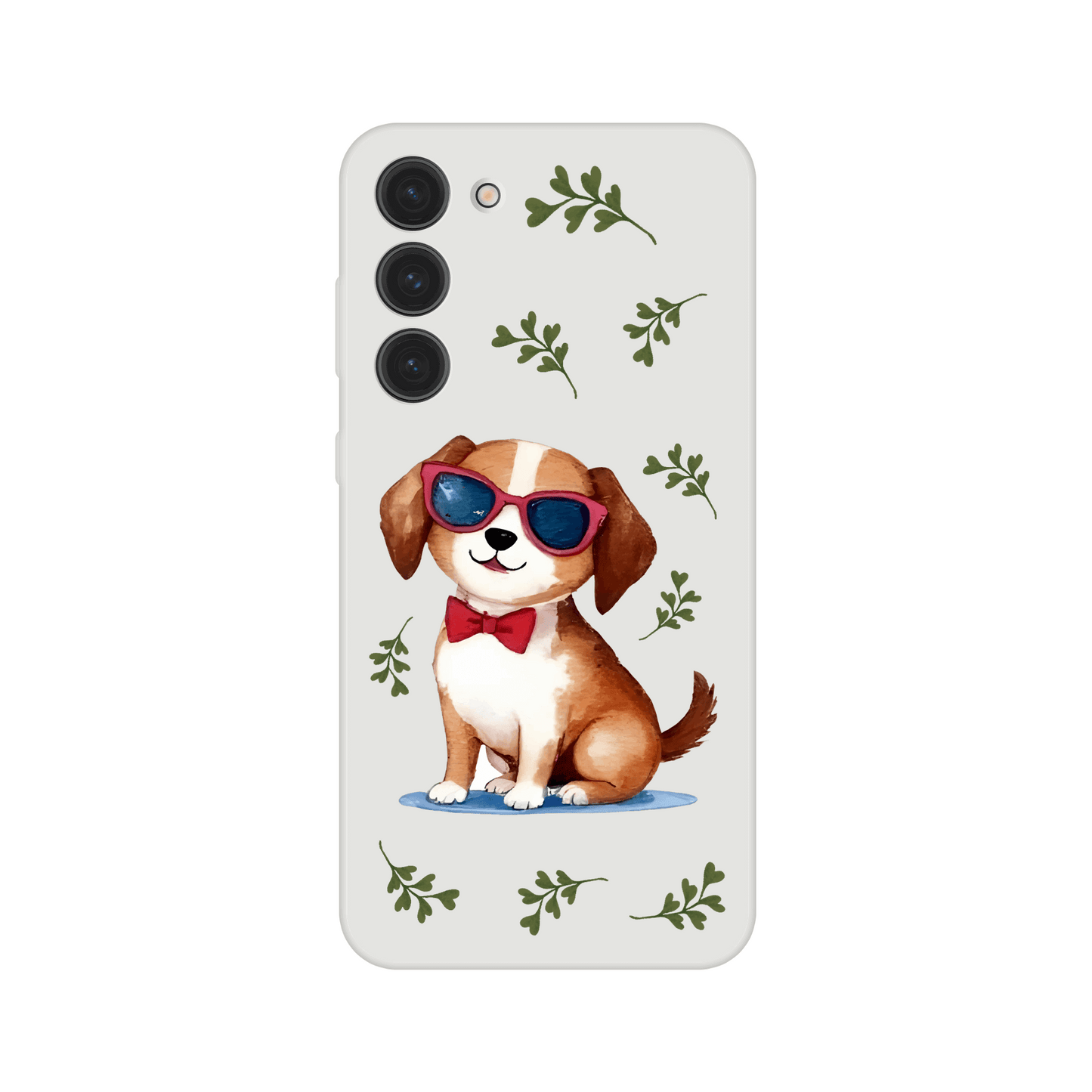 Phone case with a dog illustration wearing sunglasses and a bow tie 