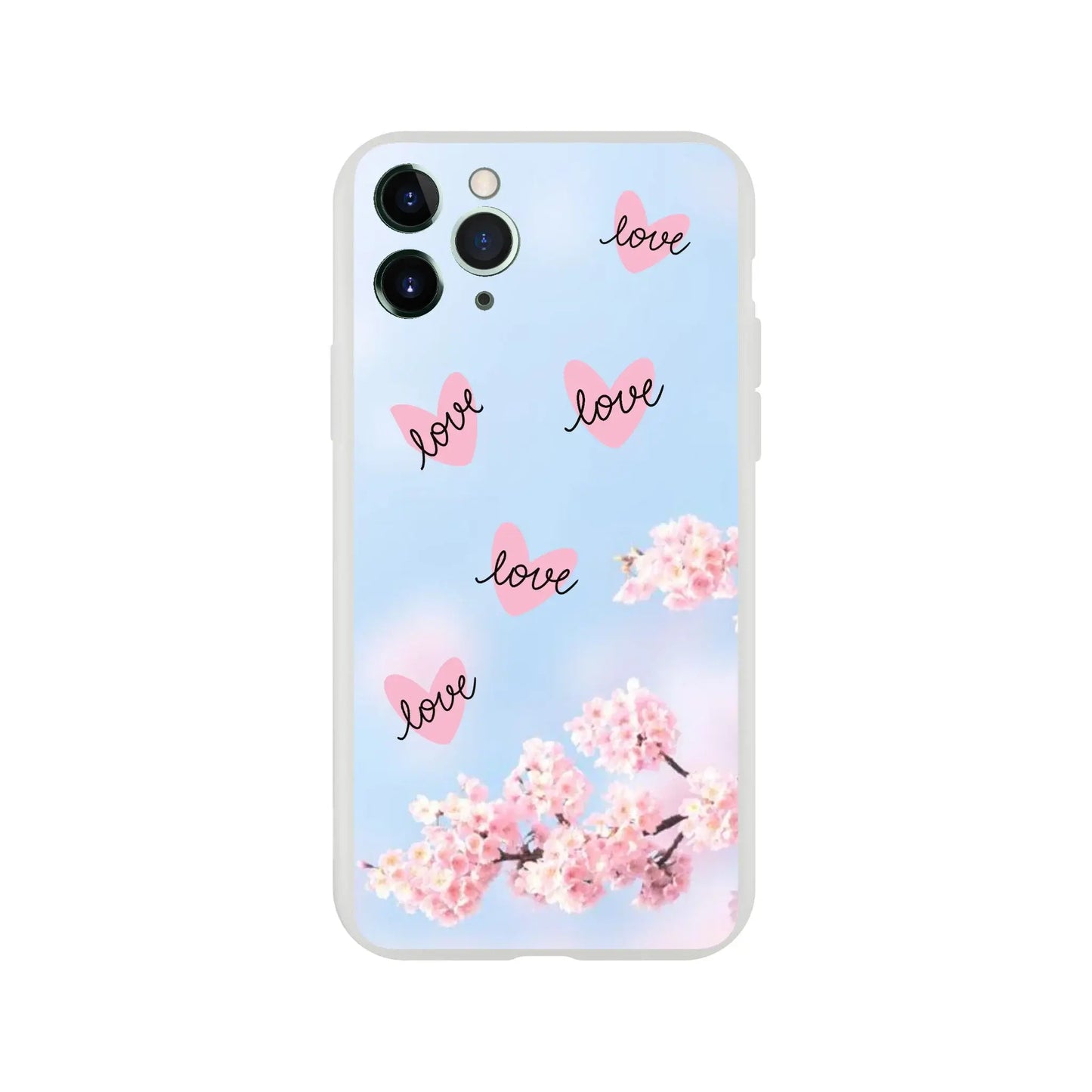 Phone case with cherry blossoms and 'love' text on a light blue background