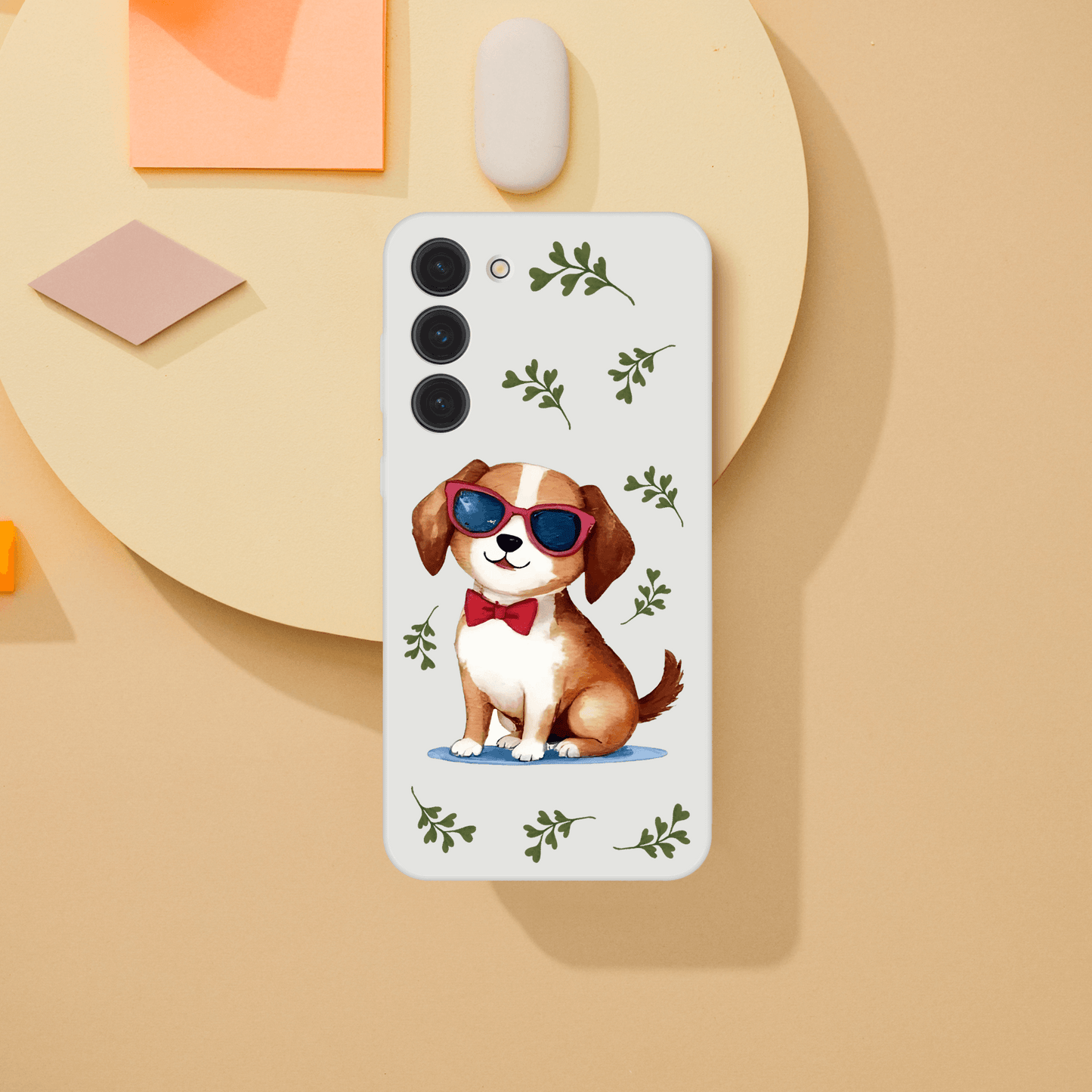 Phone case with a dog illustration wearing sunglasses 