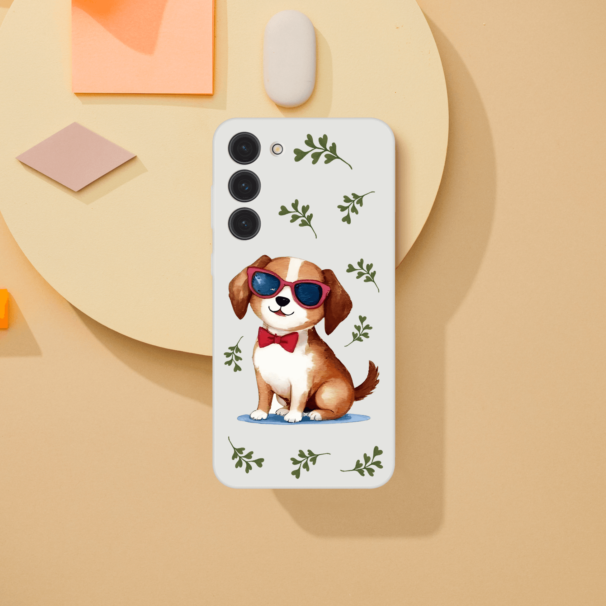 Phone case with a dog illustration wearing sunglasses 