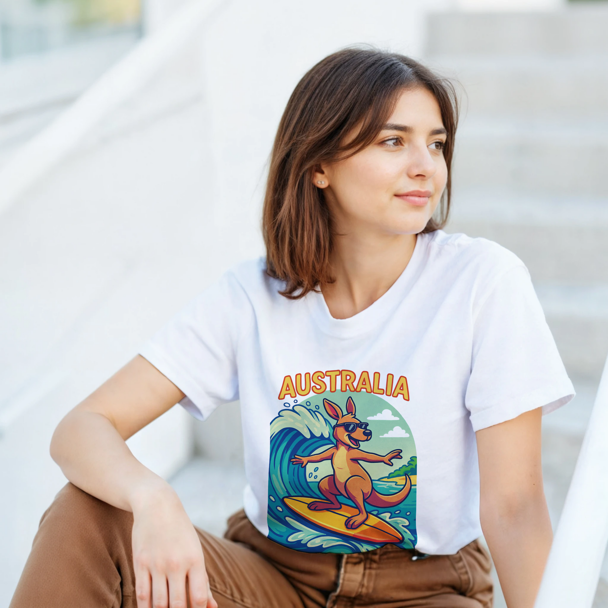  white t-shirt with an Australia-themed design featuring a kangaroo surfing.