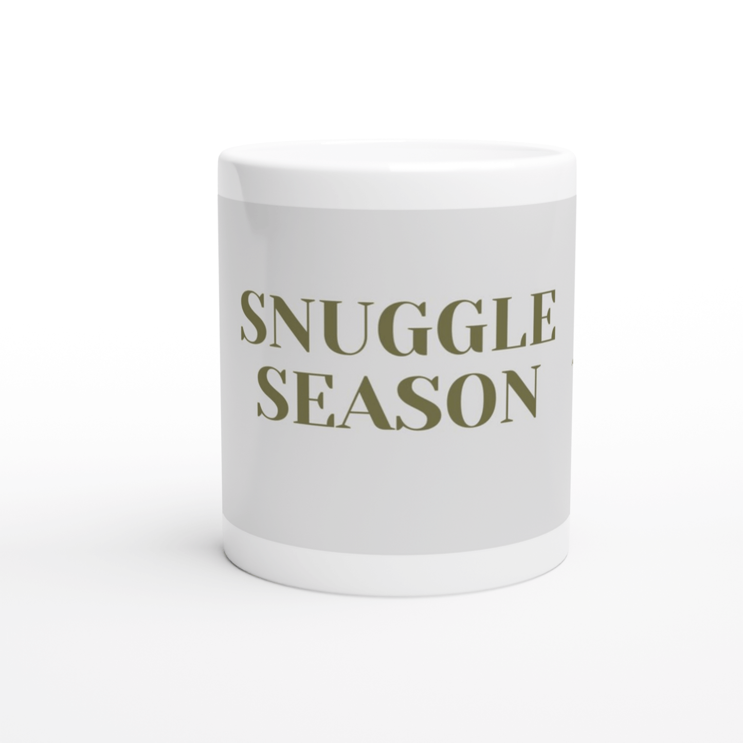 White mug with 'SNUGGLE SEASON' text 