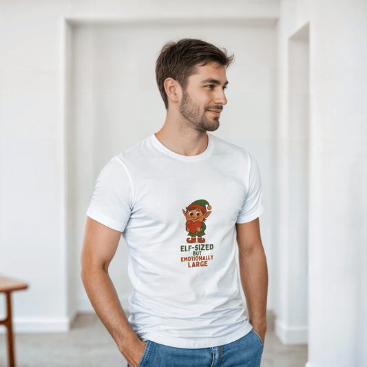 a white t-shirt with an elf graphic and text 
