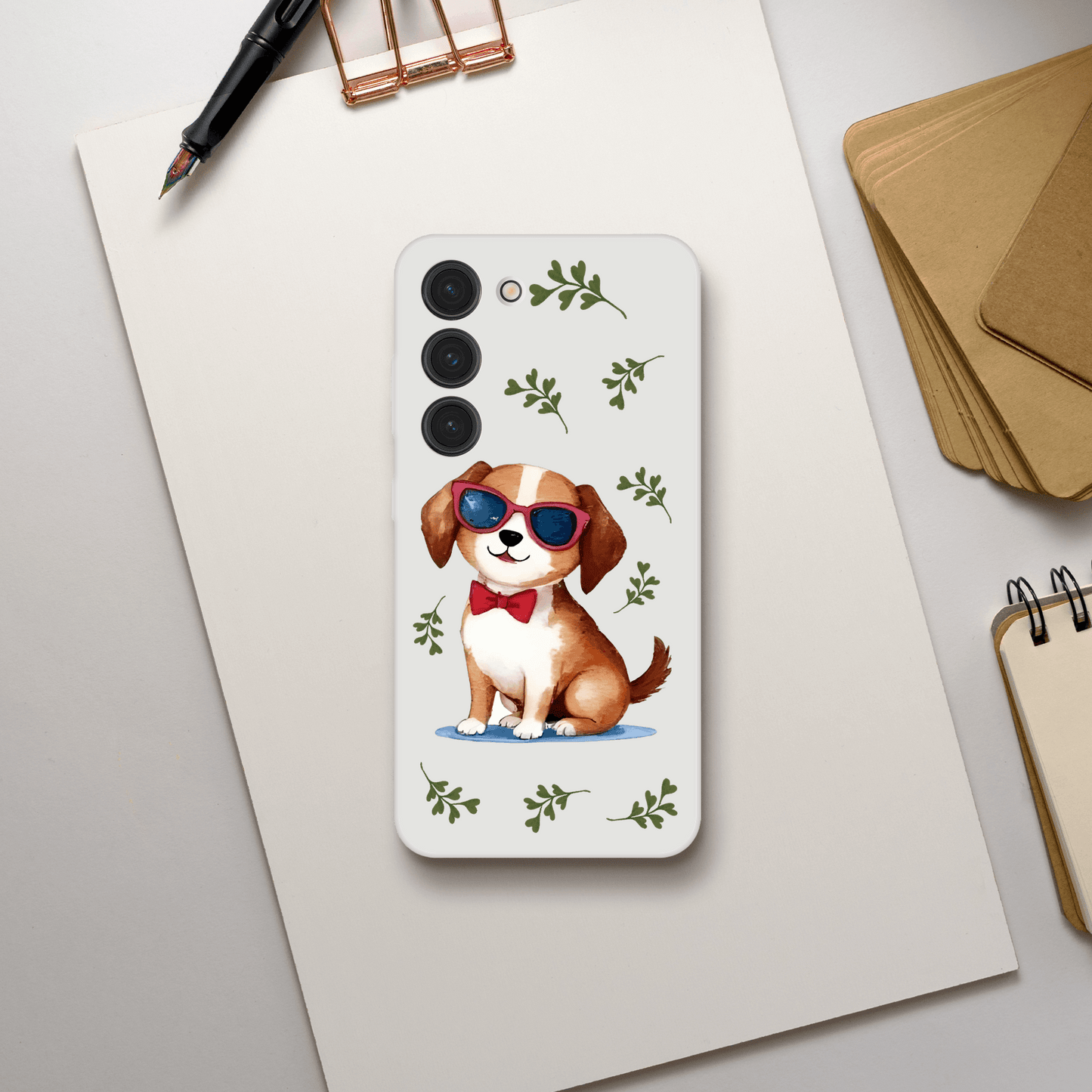 Phone case with a dog illustration wearing sunglasses
