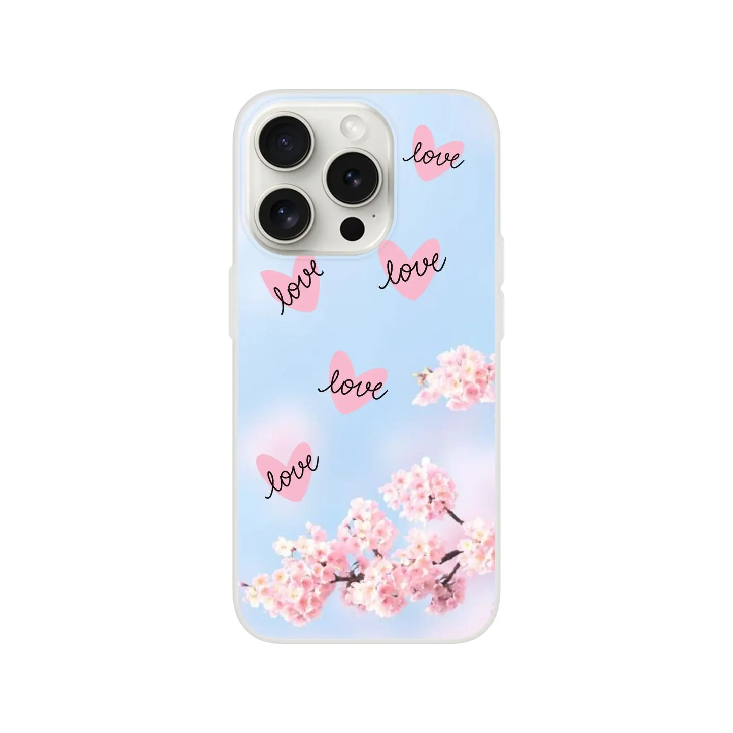 Phone case with cherry blossom design and 'love' text on a light blue background