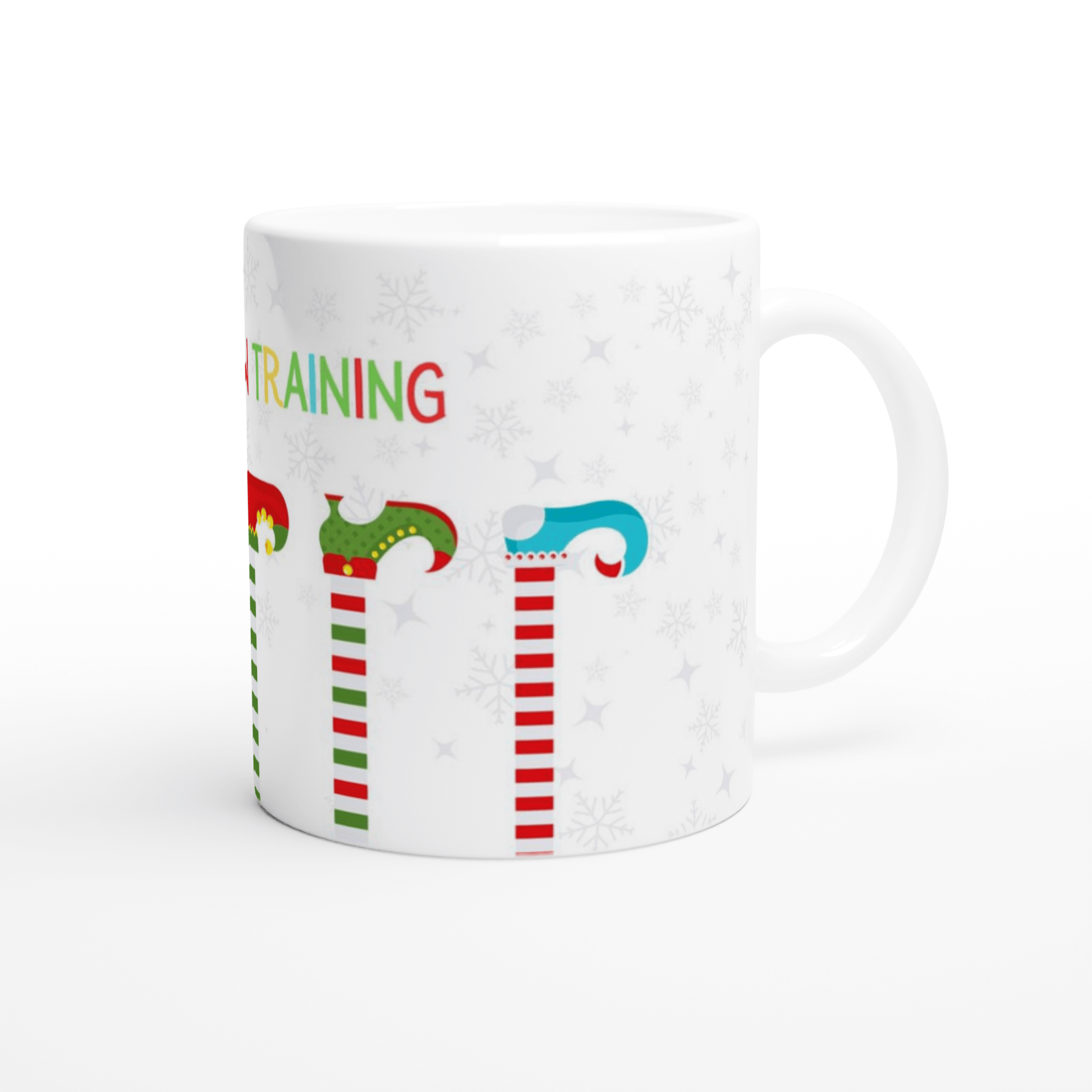 White mug with Christmas-themed design and text