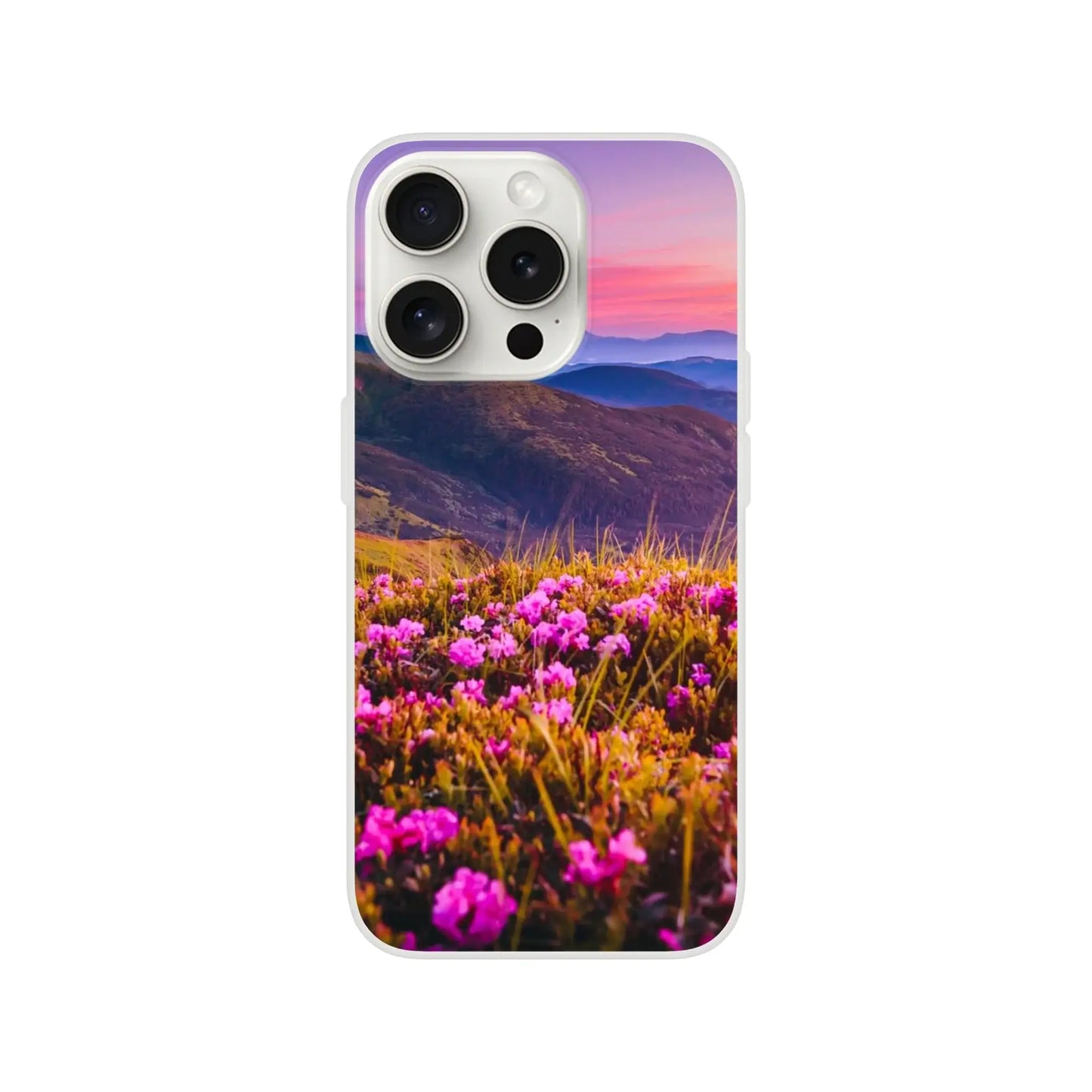 Phone case with a mountain and flower landscape design 