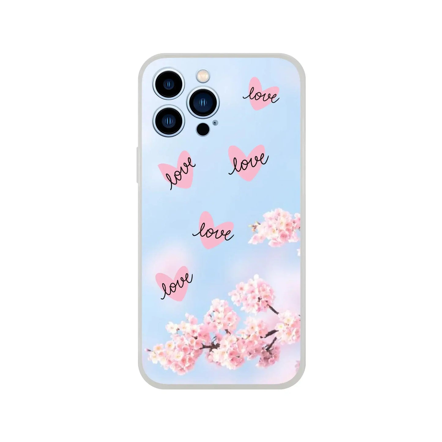 Phone case with cherry blossom design and 'love' text on a light blue background