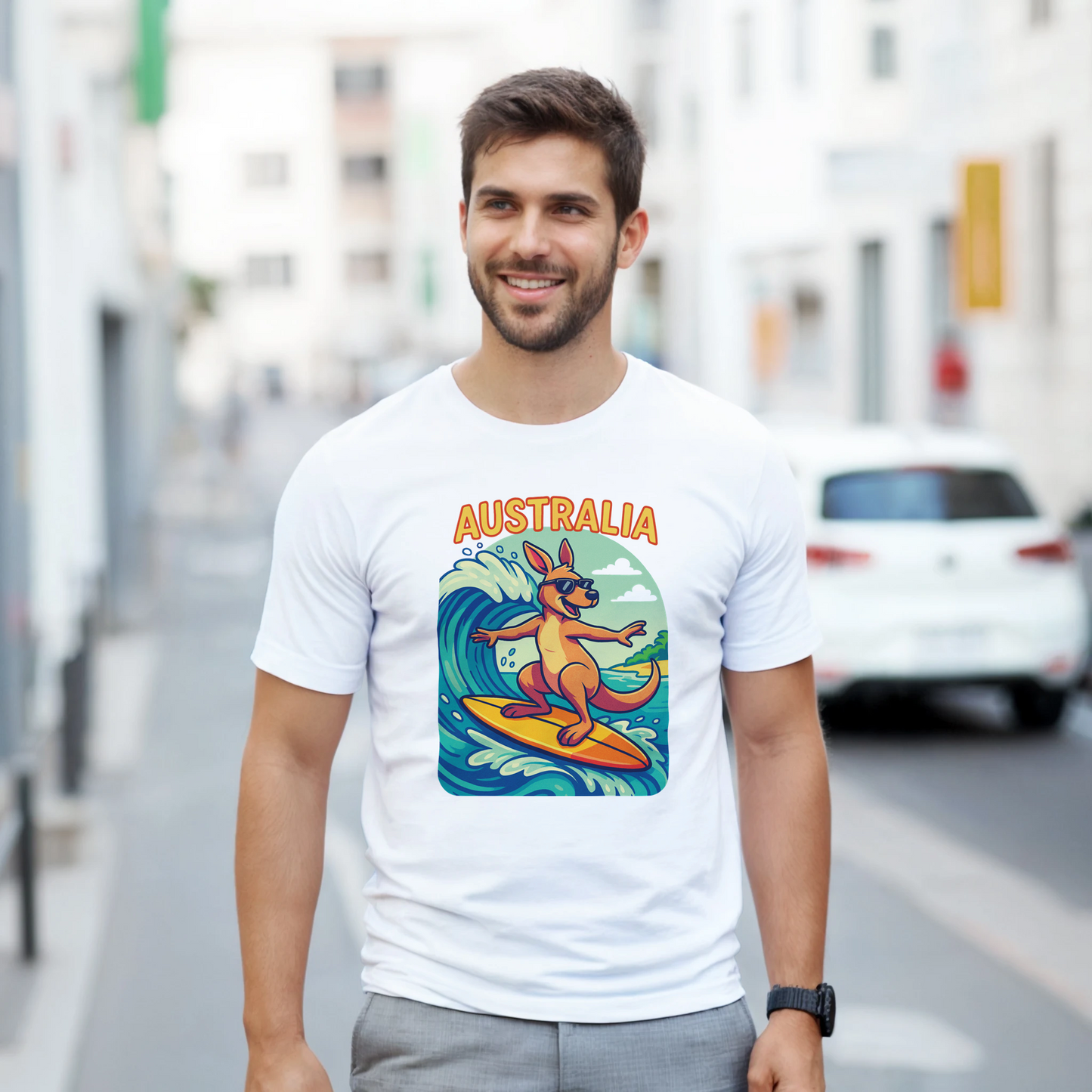 a white t-shirt with a kangaroo surfing design and 'Australia' text 