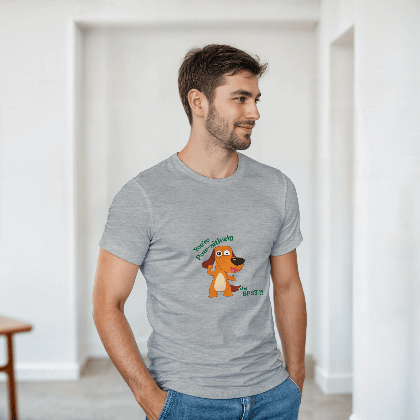  a gray t-shirt with a dog graphic and text 