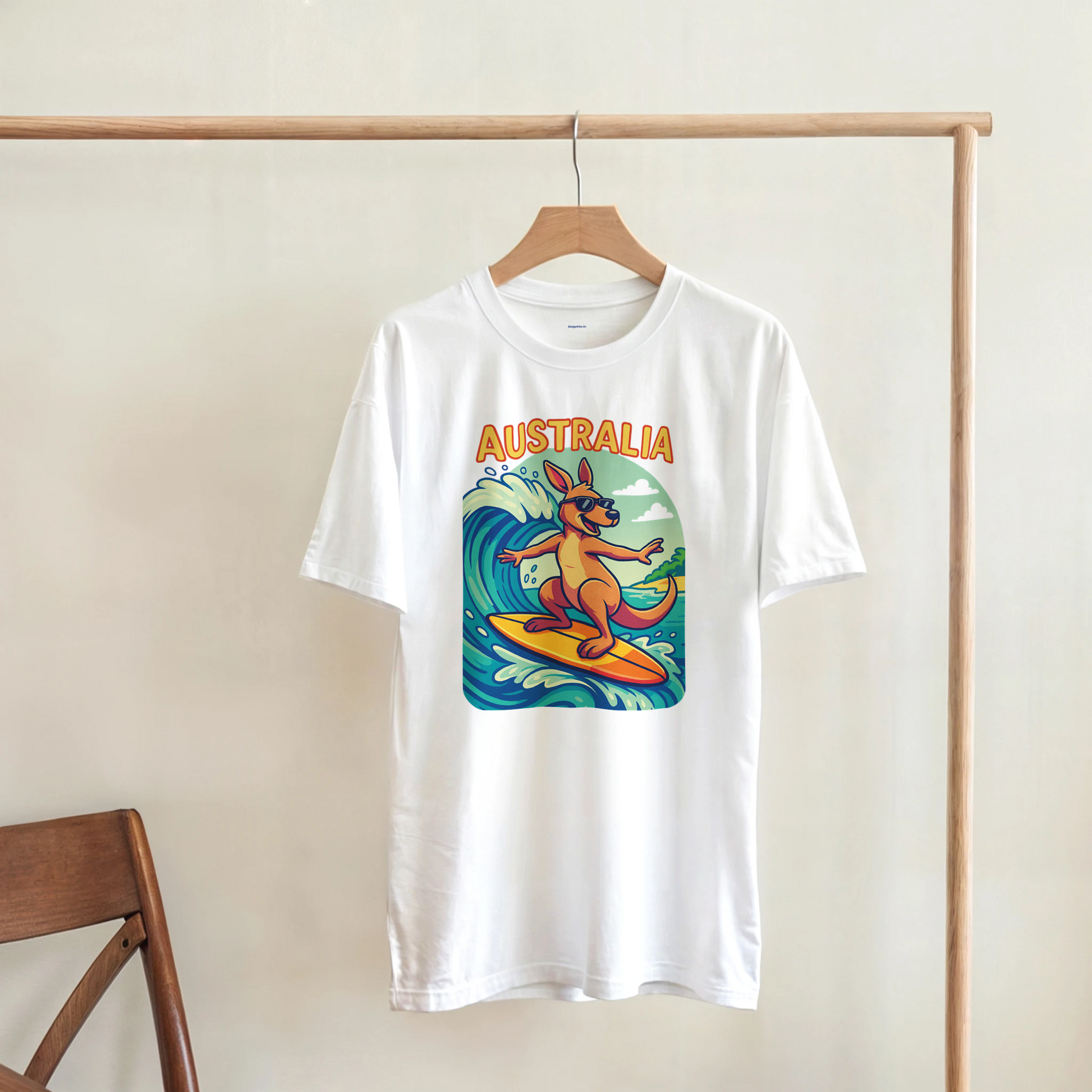 t-shirt with a kangaroo surfing design and 'Australia' text