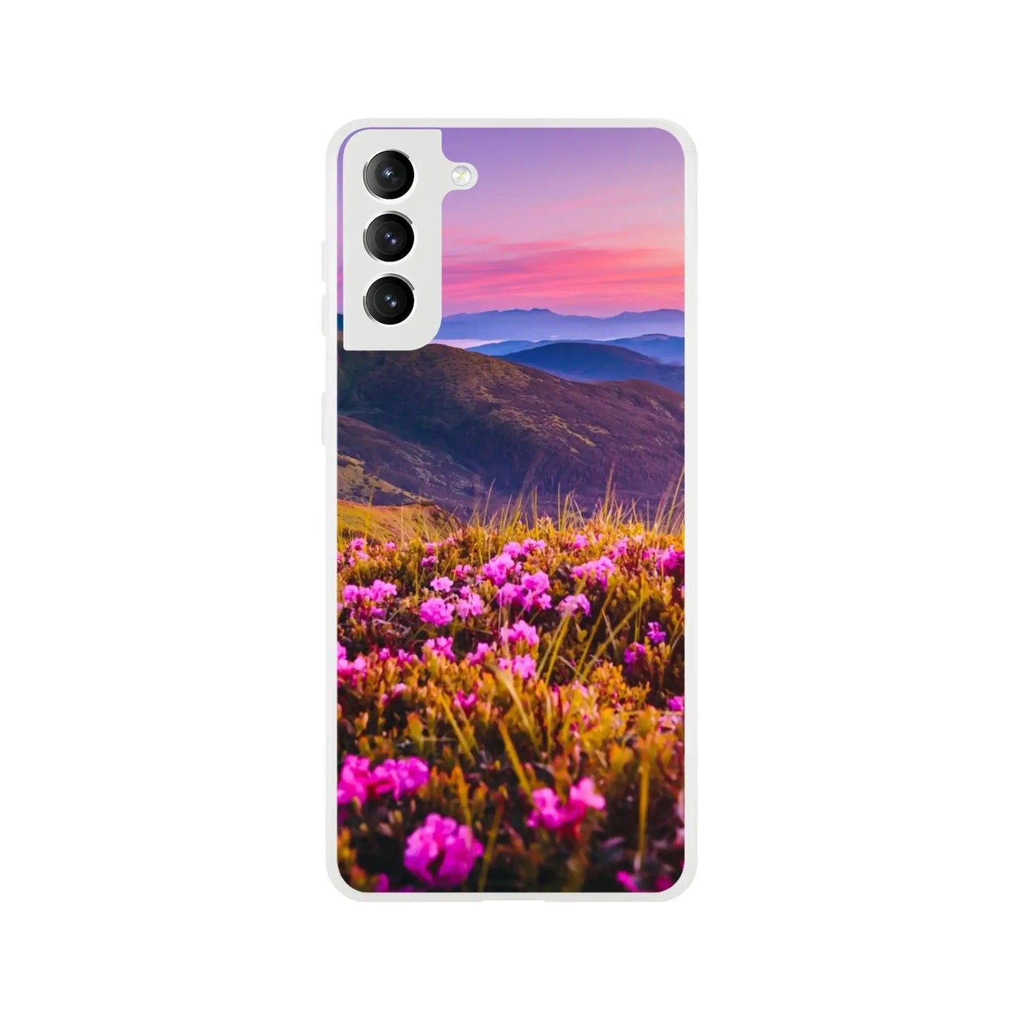 Phone case with a mountain and flower design
