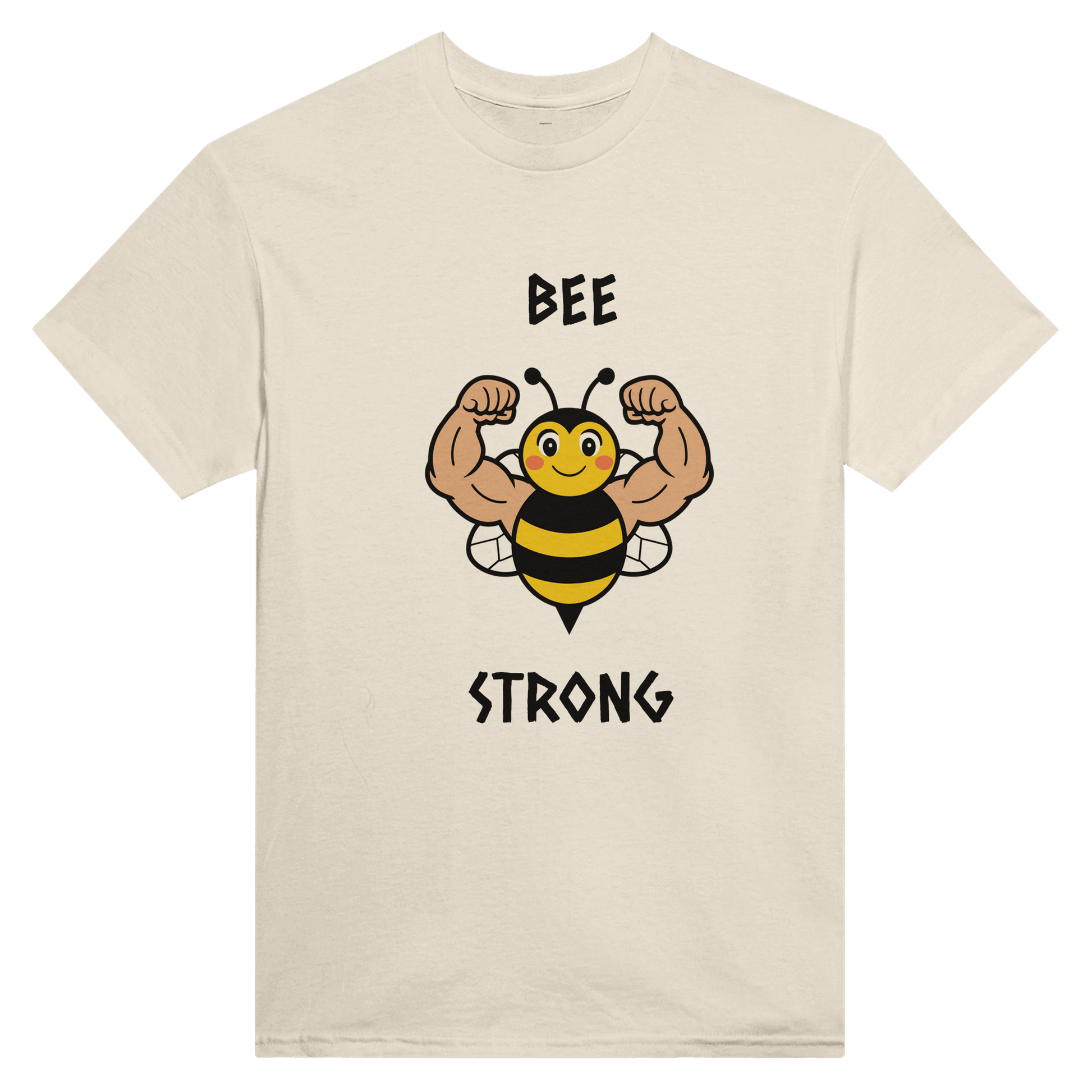 Beige t-shirt with a cartoon bee flexing muscles and 'BEE STRONG' text 